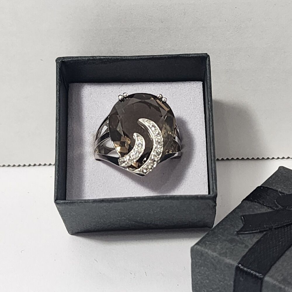 Sterling Silver Pear Cut Smoky Quartz Barcelona Faceted Cocktail Ring US Size 7